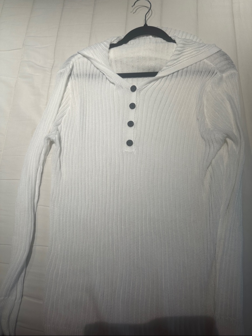 Zara White Ribbed Hooded Henley Knit